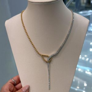 Gargantilha Gravata em Prata 925 com Banho de Ouro 18K e Moissanites